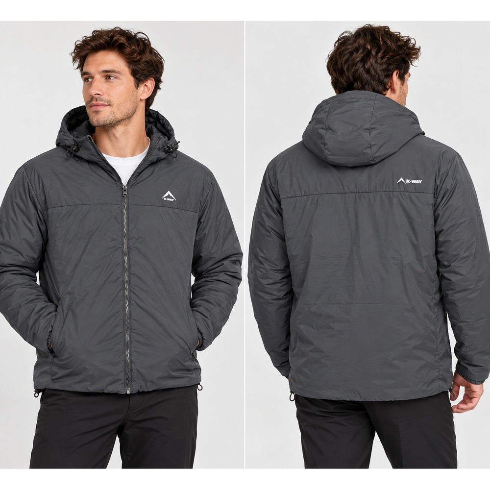 K Way Bayou Jacket Mens Large Black Padded Hooded Packable Puffer